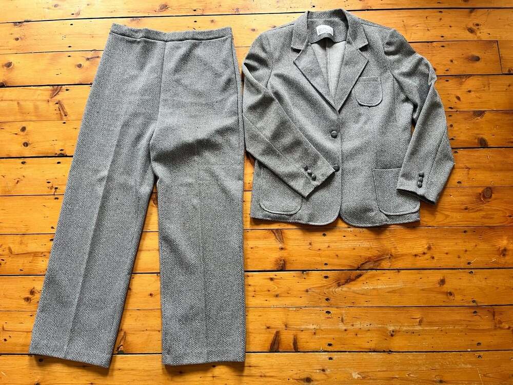Cape Cod Match Mates Vintage Grey Herringbone Tweed Pants Suit Set Large 16 14P
